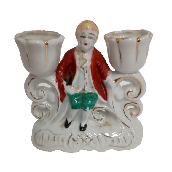 Vintage Occupied Japan Porcelain Victorian Man Double Candlestick Candle Holder - Picture 1 of 10